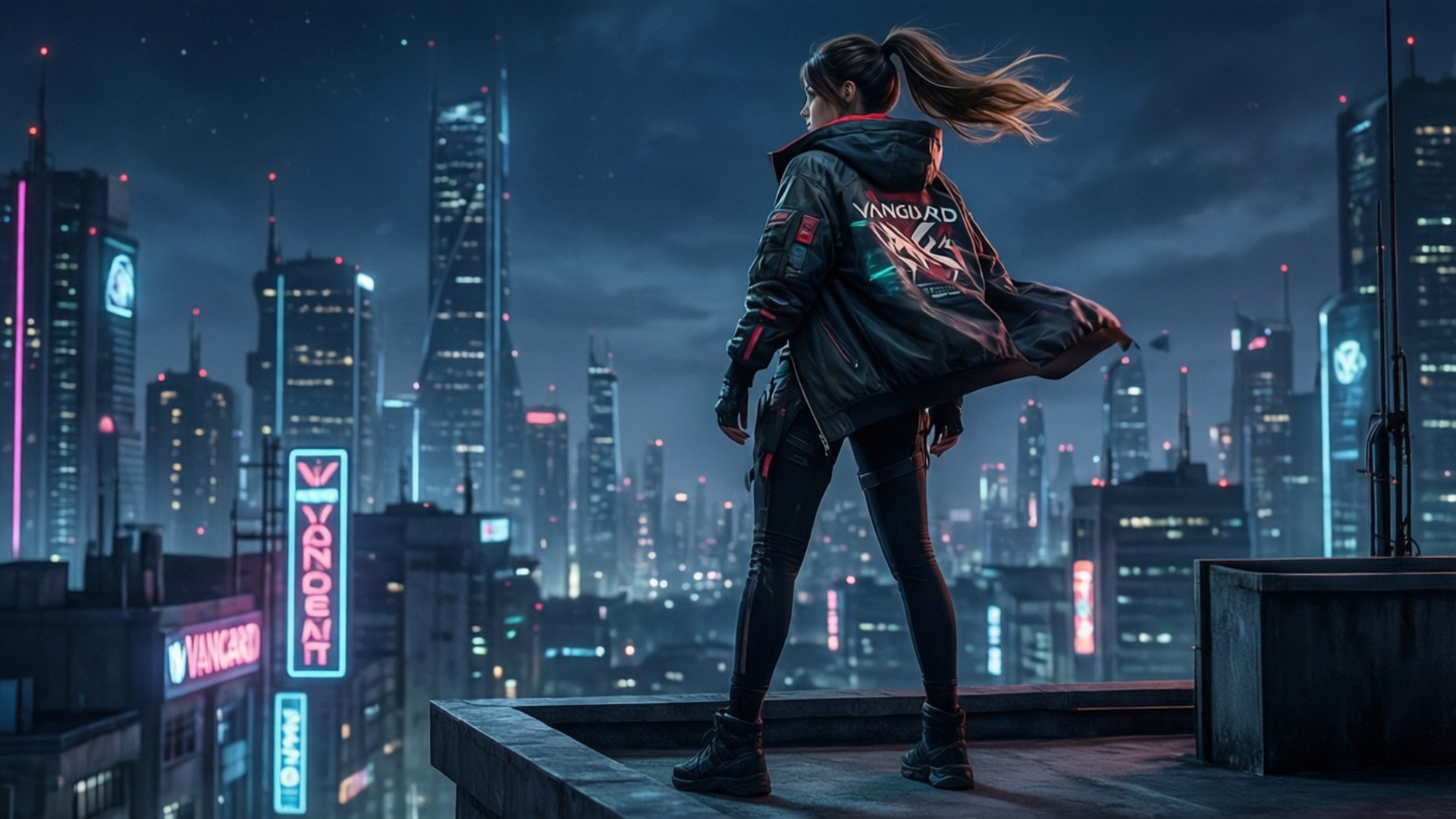 穿夾克的女性在夜晚俯瞰發光的城市天際線