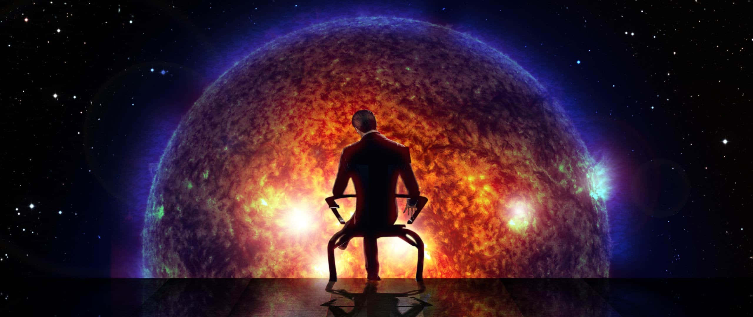 Illusive Man 桌布 壁紙 — 一個孤獨的身影穿著西裝坐在椅子上，面對著一顆巨大的熾熱行星，在星光燦爛的宇宙背景下發光。