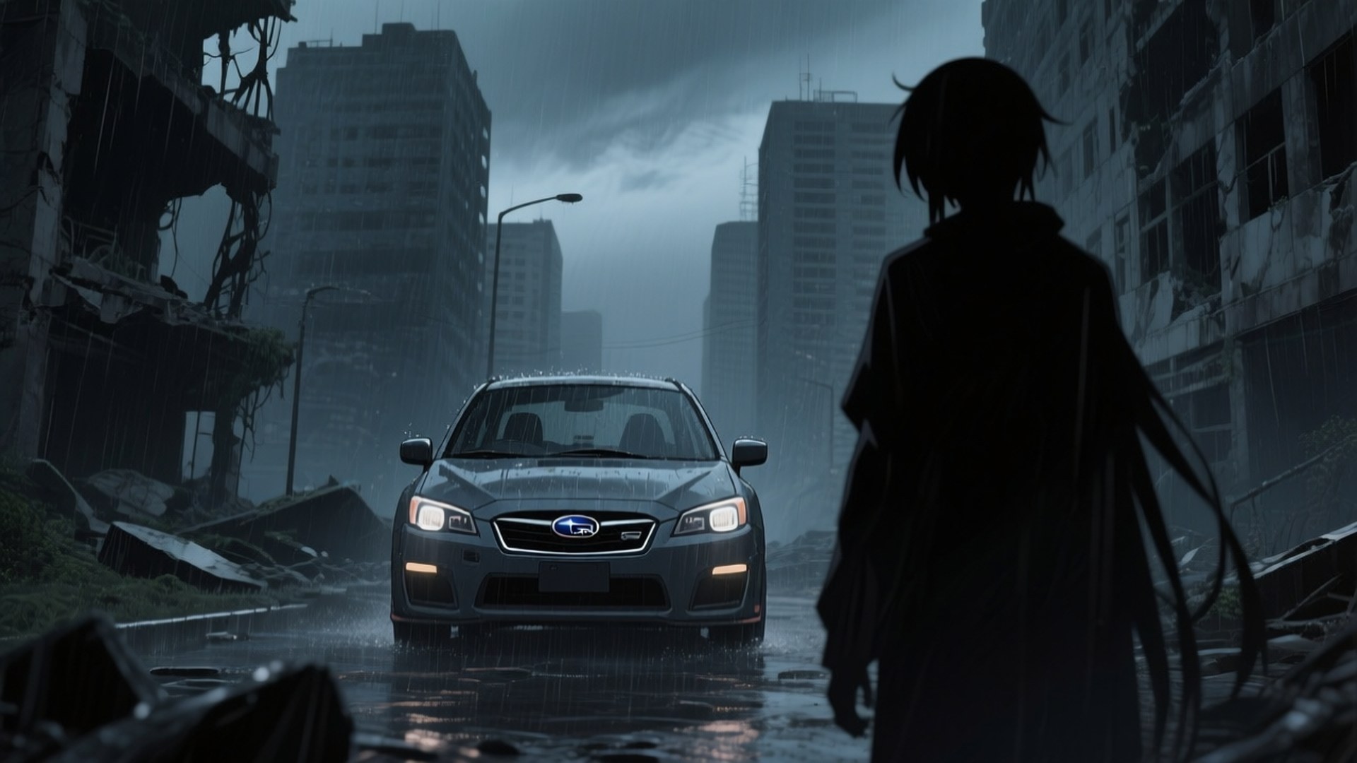 Subaru's Trial 壁紙 — 一個孤獨的身影在剪影中站在一輛銀色Subaru前，背景是暴雨浸透的廢墟城市景觀，天空風暴肆虐。