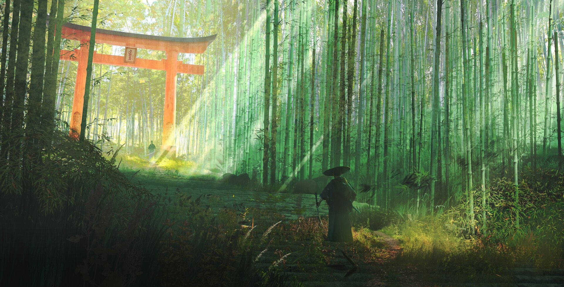 一個人穿過竹林走向紅色鳥居，陽光透過竹林灑落。 — 京都 壁紙