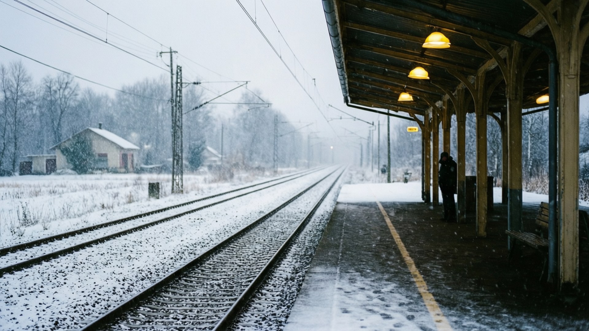 Snowy Station Night 壁紙 — 一個孤獨的身影站在被雪覆蓋的火車站月台的木製簷篷下，雪花輕輕飄落在鐵軌和周圍的田野上。