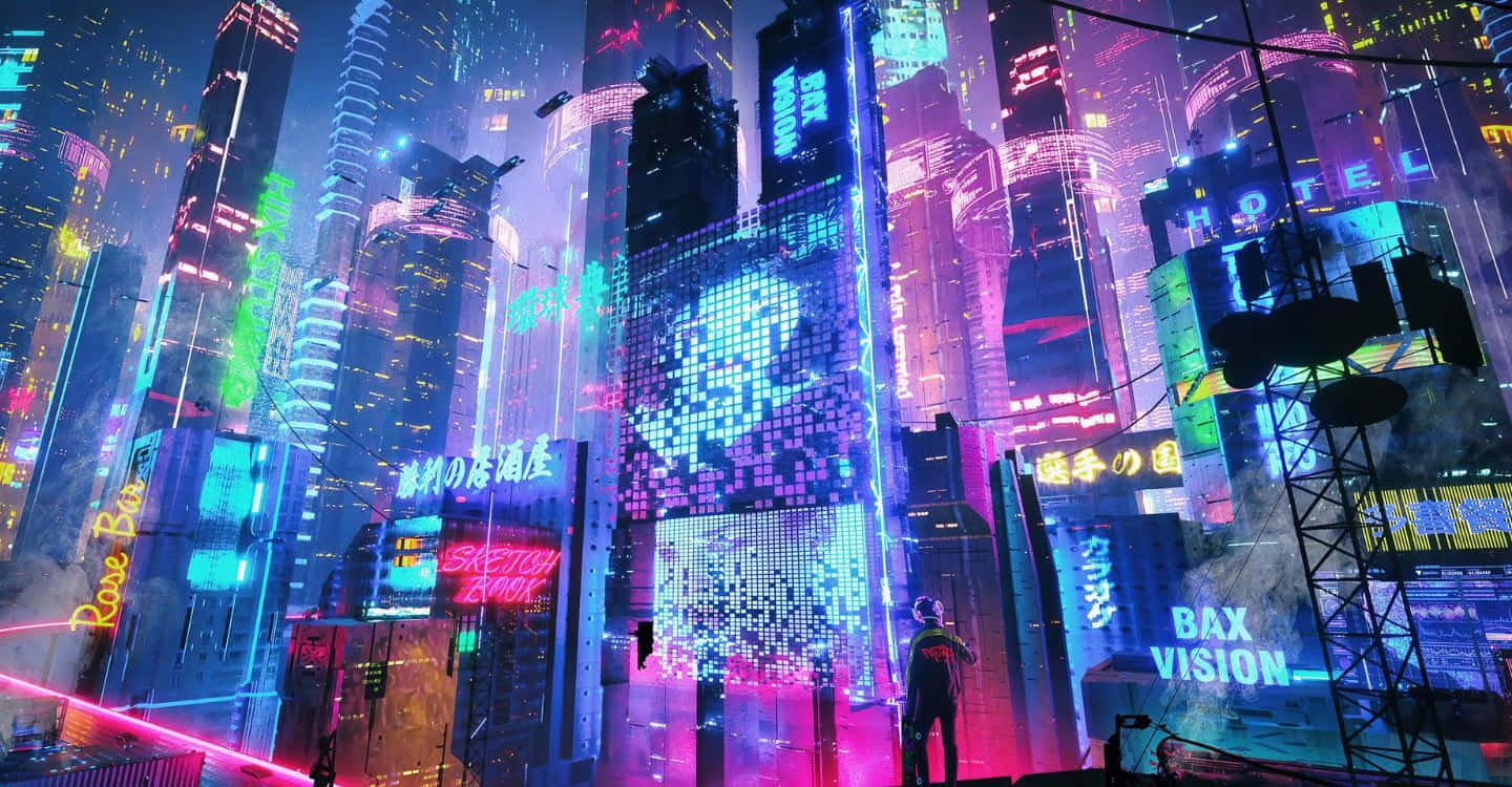 Neon Future 桌布 壁紙 — 一個孤獨的身影站在高聳的霓虹燈摩天大樓前，未來風格的賽博龐克城市景觀閃爍著電光紫、粉紅和藍色燈光。