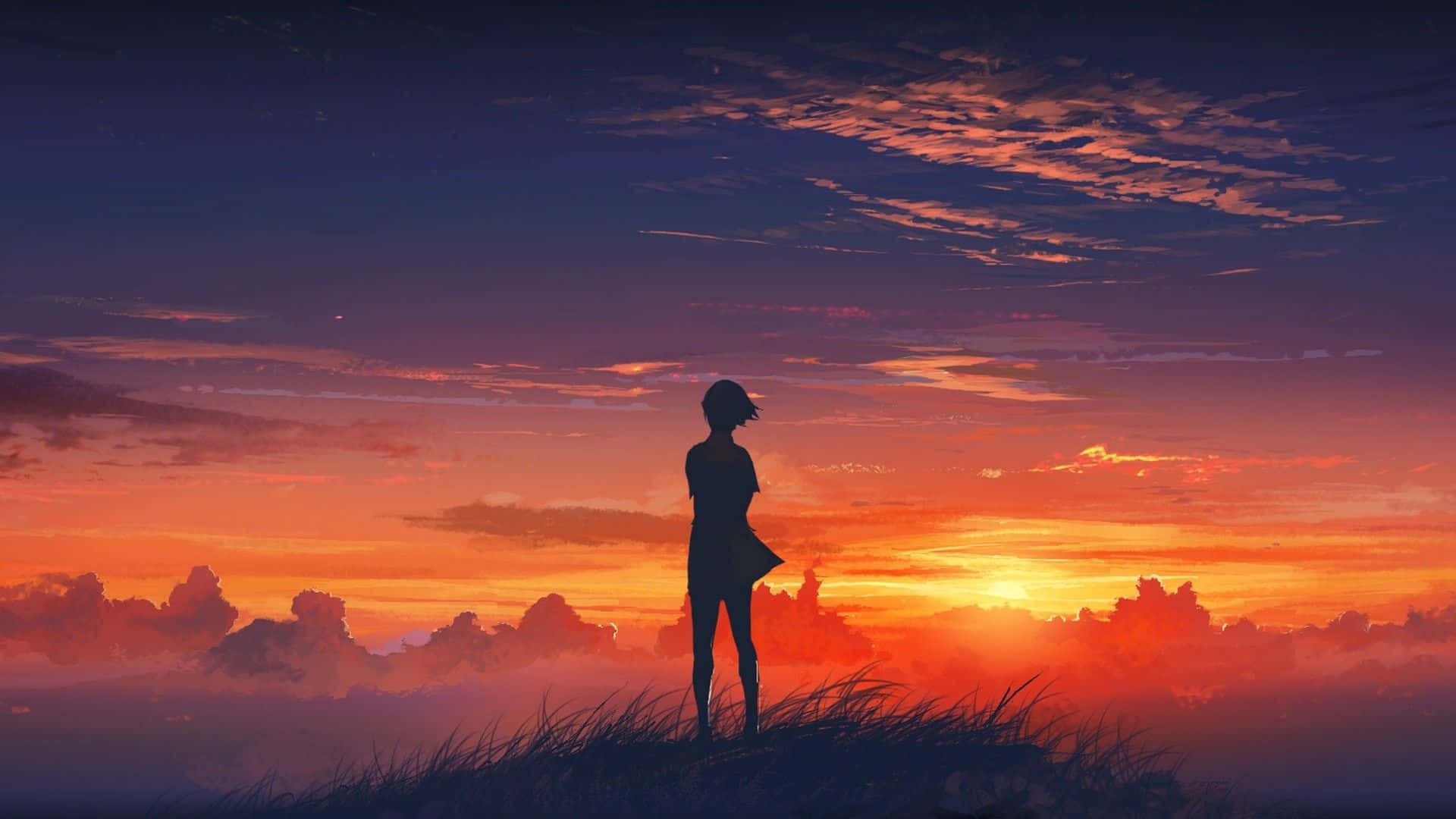 Sunset Painting 桌布 壁紙 — 一個孤獨的身影站在長滿草的山丘上，在充滿橙色、粉紅色和紫色雲彩的鮮豔日落天空襯托下形成剪影。