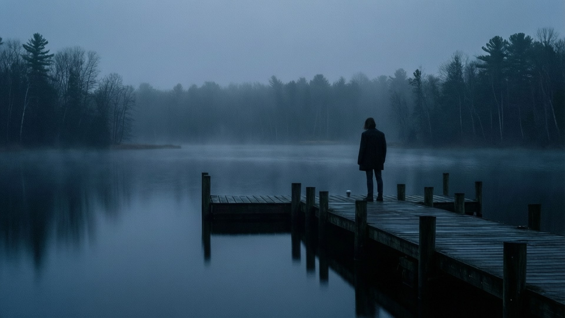 Lakeside Dusk Figure 壁紙 — 一個孤獨的身影站在霧氣瀰漫的湖中木碼頭盡頭，周圍是黑暗的樹木，天空灰濛濛。