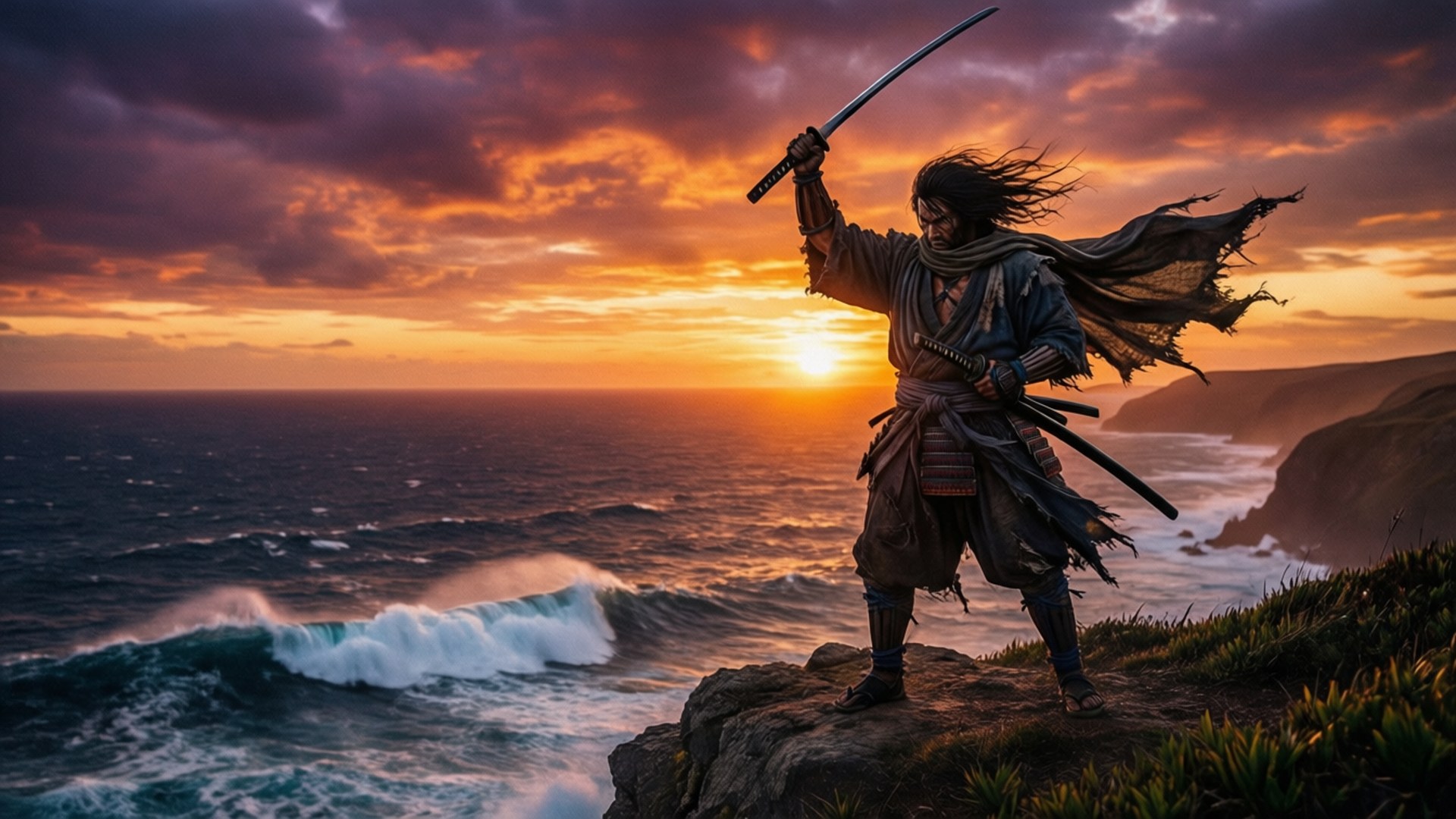 Ronin 桌布 壁紙 — 一名孤獨的武士在日落時分站在懸崖頂上揮舞著武士刀，下方波濤洶湧，天空如火。