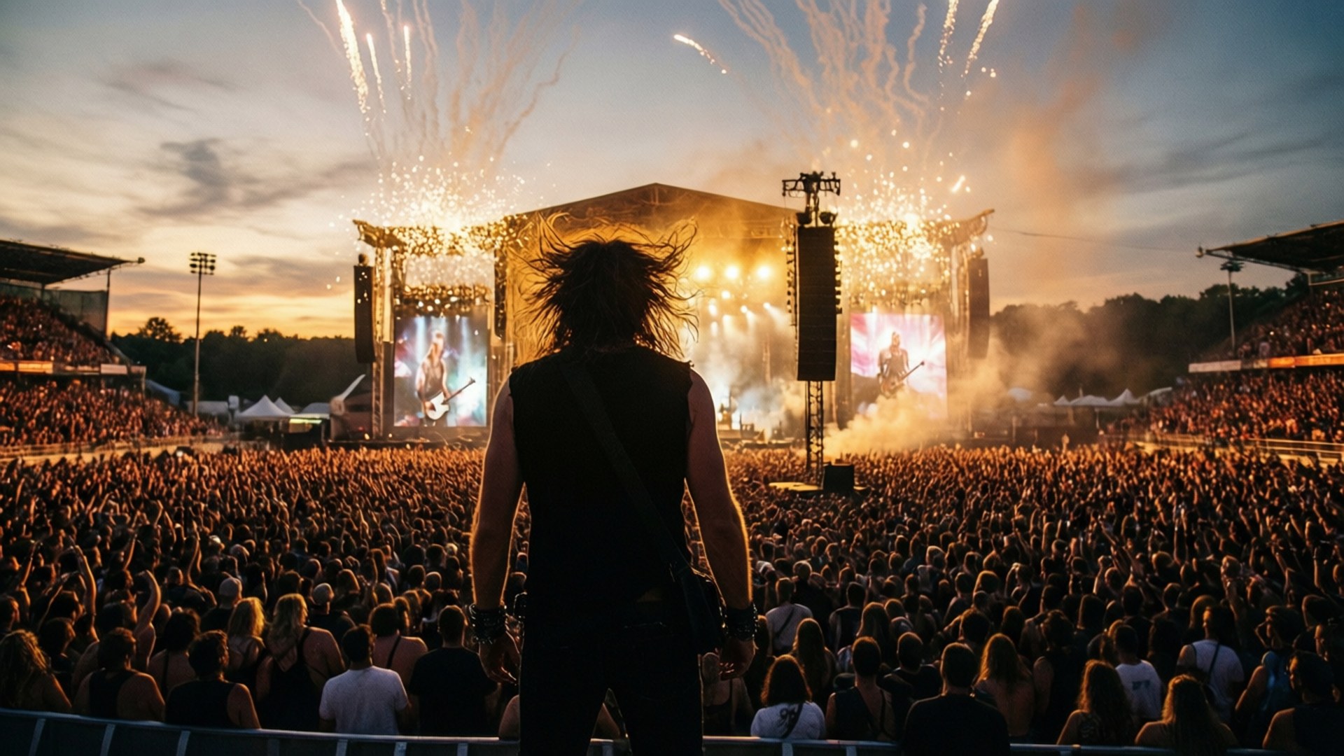 deftones 桌布 壁紙 — 一個孤獨的演唱會觀眾，頭髮狂野，站在咆哮的人群前，夕陽下煙火在巨大舞台上爆炸。