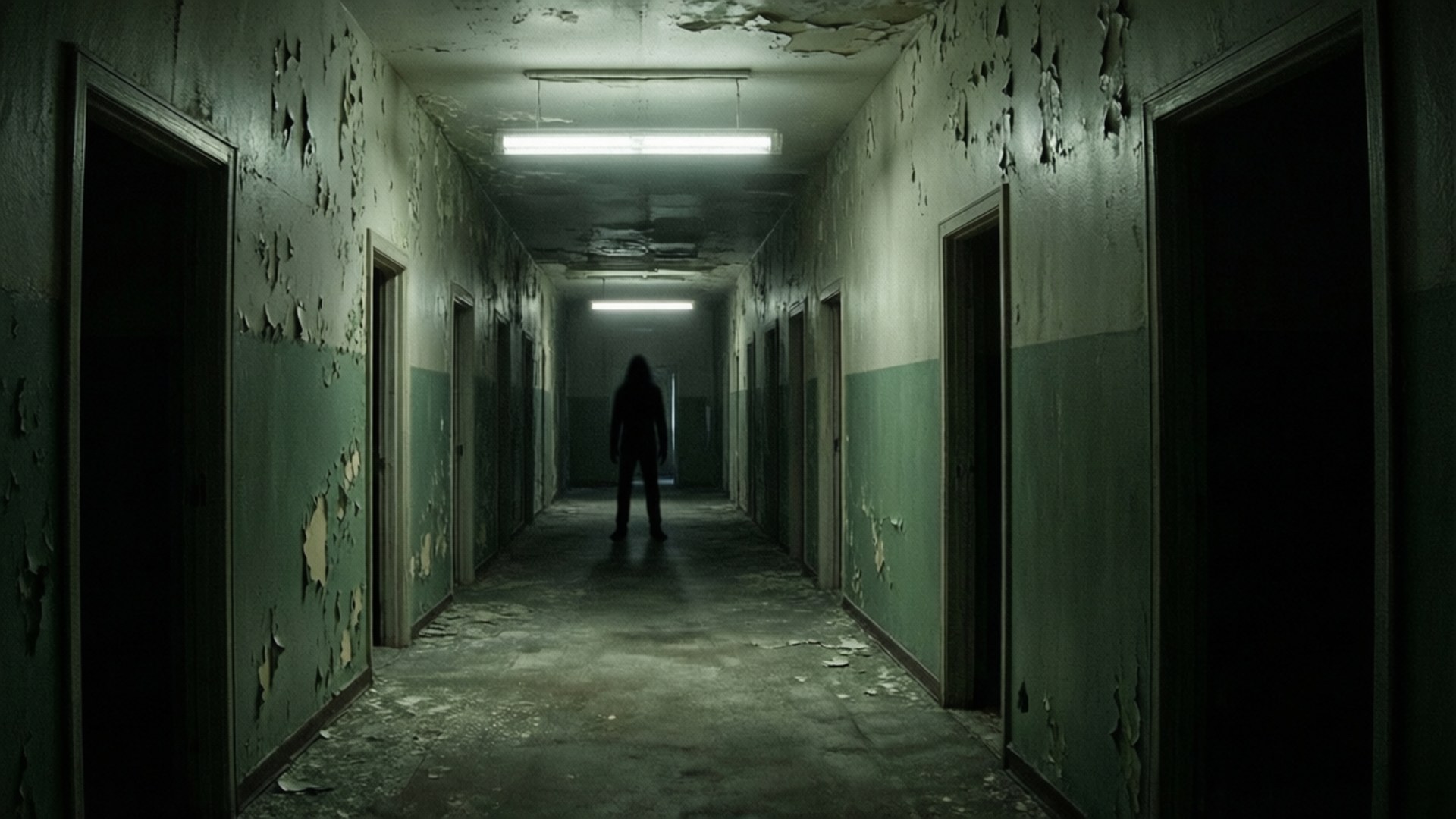 Asylum Corridor of Dread 壁紙 — 一個孤獨的影子人物站在一條破舊走廊的盡頭，牆壁剝落綠色油漆，螢光燈閃爍不定。