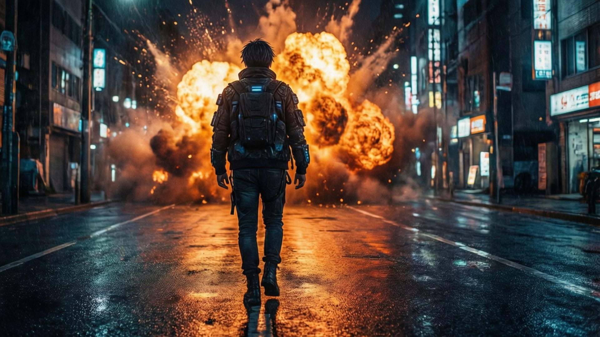 Joe Walks Away from Explosion 壁紙 — 一個孤獨的裝甲人物走在濕漉漉的霓虹燈街道上，背後發生大規模爆炸。