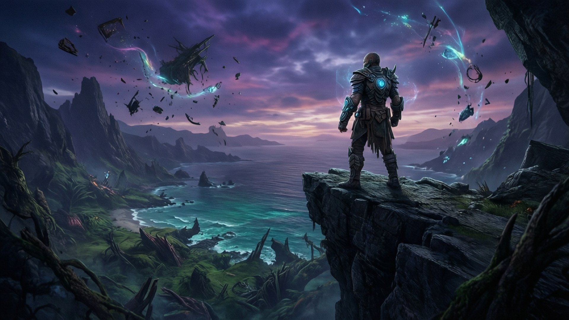 Tangled Shore 桌布 壁紙 — 一個孤獨的裝甲戰士站在懸崖邊，俯瞰神秘的大海，發光的碎片在暮色天空中漂浮。