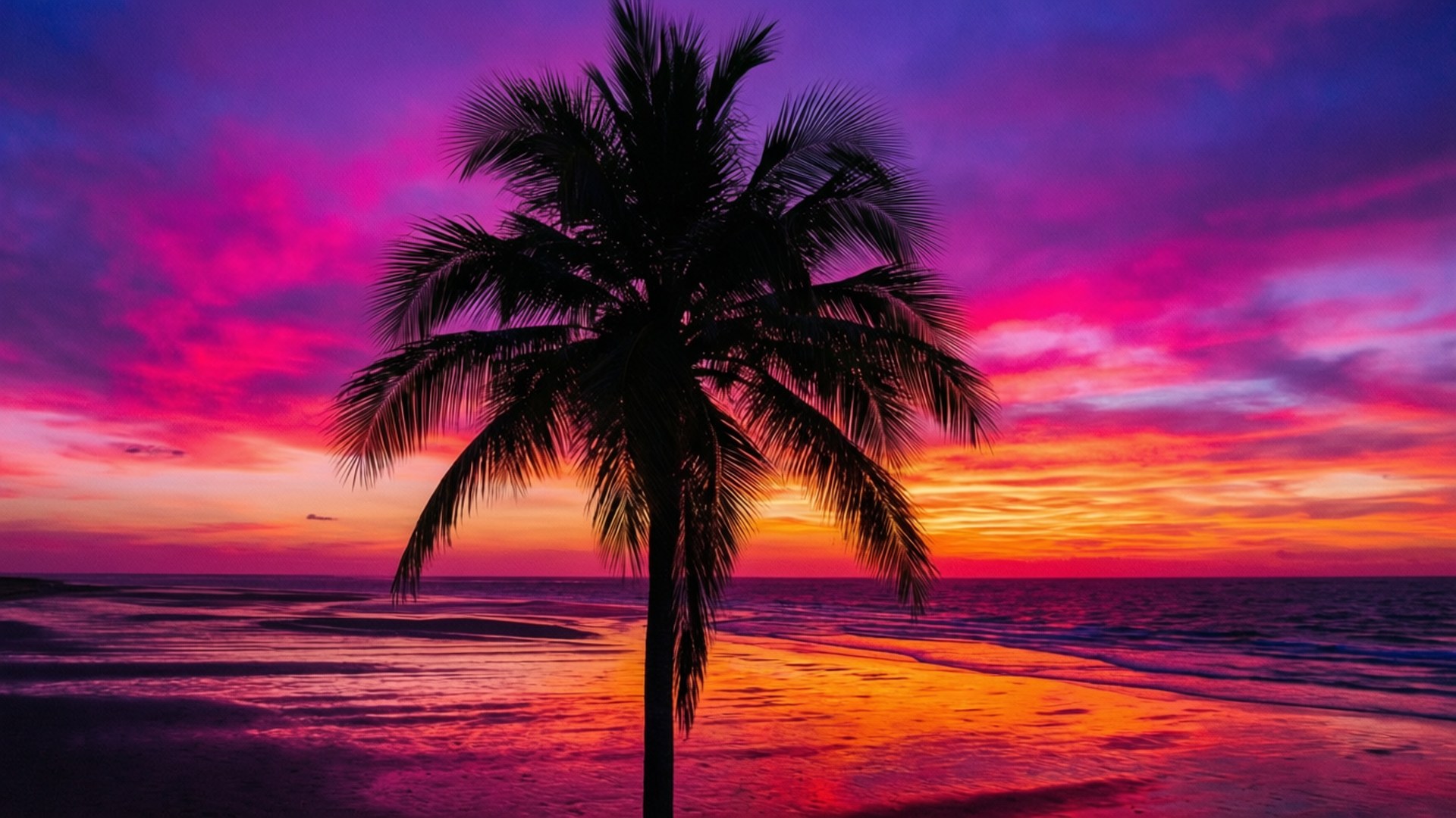 Neon Sunset Palm 壁紙 — 一棵孤獨的棕櫚樹在平靜的海洋上，以鮮豔的日落為背景，呈現出火橙色、粉紅色和紫色的雲彩剪影。