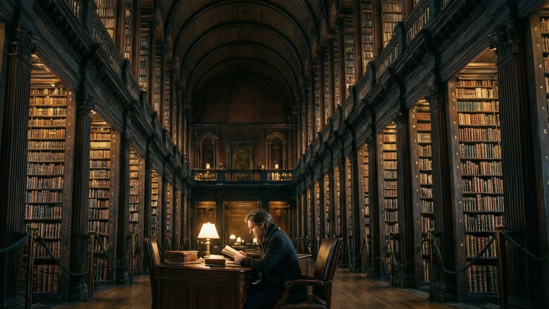 Library of Dreams 壁紙 — 一位孤獨的讀者坐在木桌旁，在溫暖的燈光下，身處一個寬敞、燈光昏暗的圖書館，內有高聳的書架和拱形天花板。