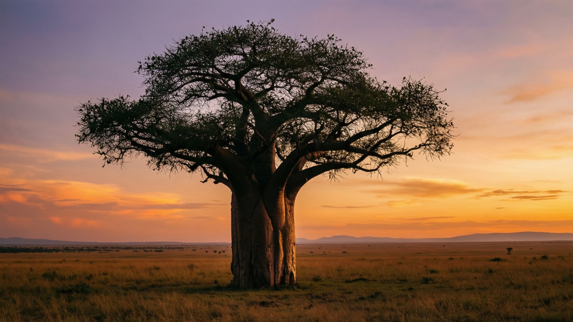 Baobab Sunset Serengeti 壁紙 — 一棵孤獨的猴麵包樹在廣闊的金色稀樹草原上，以鮮豔的日落天空為背景形成剪影。