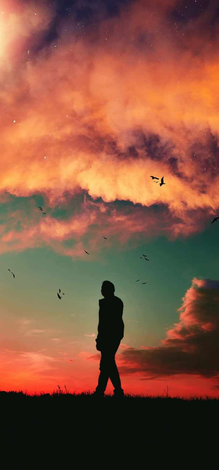 壁紙 — 一個孤獨的剪影站在長滿草的山丘上，背景是充滿火橙色雲朵和飛鳥的戲劇性日落天空。