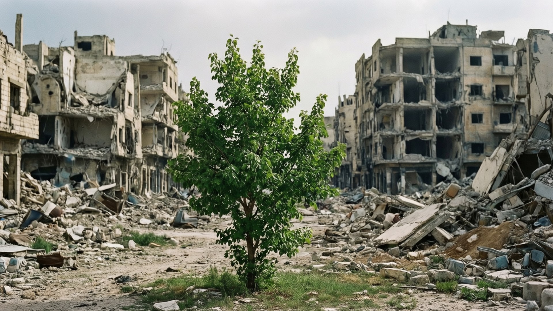 Syria 桌布 壁紙 — 一棵孤獨的綠色樹木堅韌地矗立在毀滅的城市街道中央，周圍是倒塌的建築物和瓦礫。