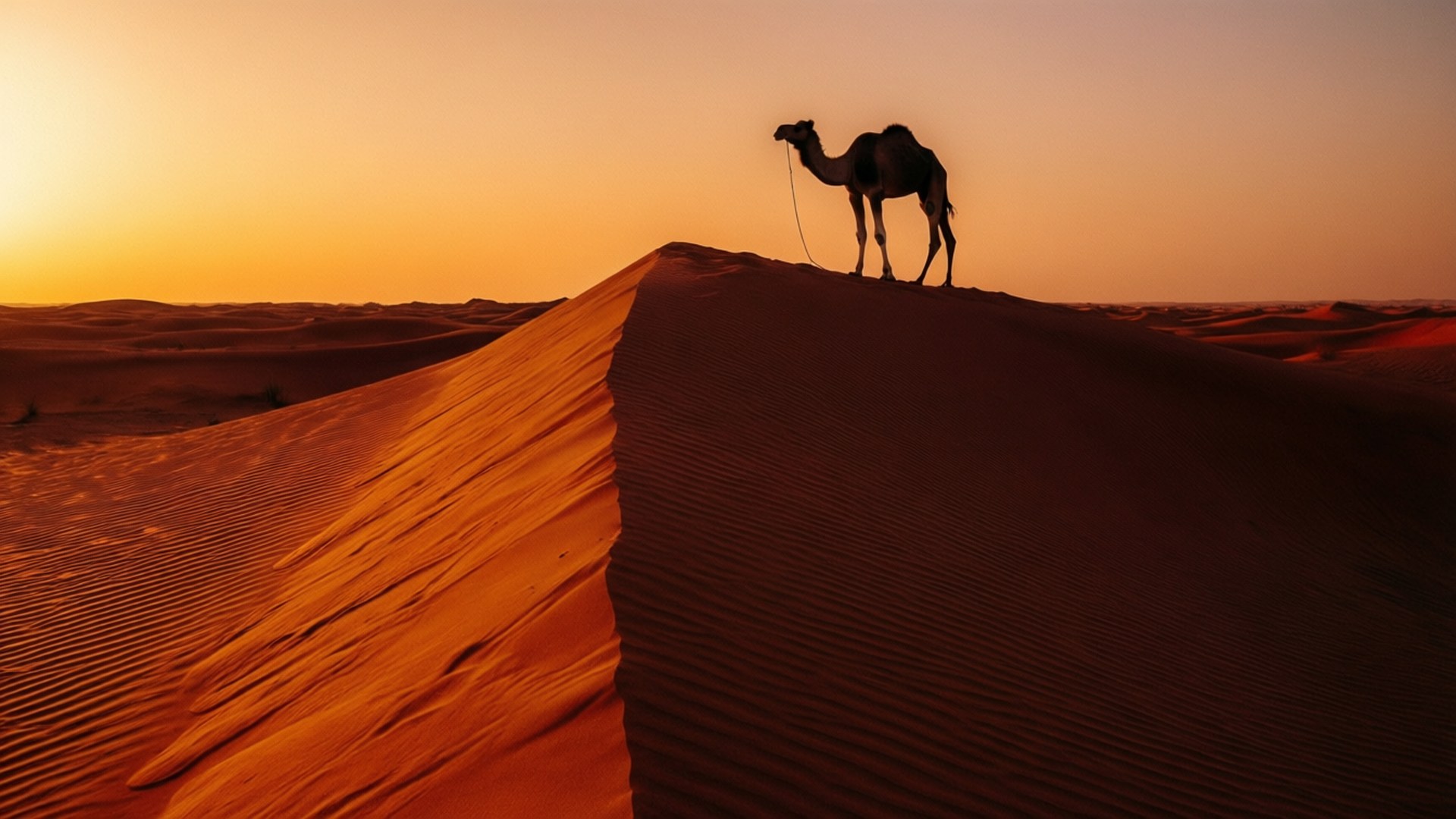 Liwa Desert Dune Camel 壁紙 — 一頭孤獨的駱駝在金色沙丘頂上形成剪影，夕陽在溫暖的橙色天空中落下。