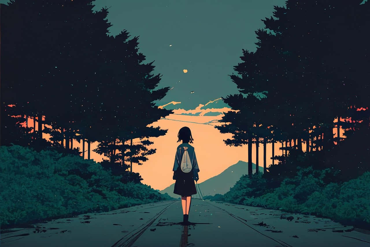  壁紙 — 一個孤獨的女孩揹著背包在暮色中沿著森林道路行走，深藍綠色的天空中出現星星。