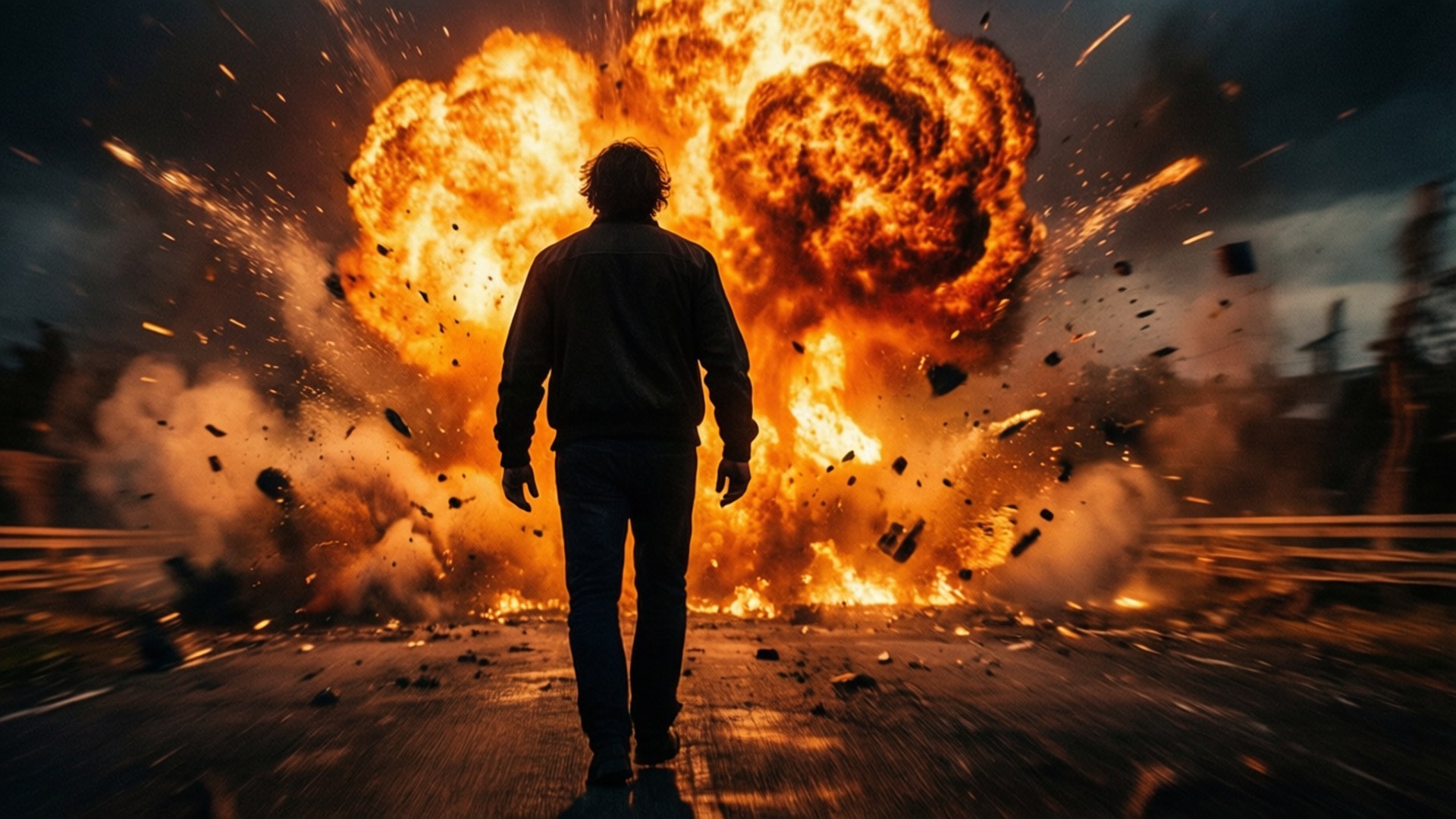 Explosion Exit 壁紙 — 一個孤獨的身影站在一場巨大的火焰爆炸前，飛揚的碎片和黑煙襯托著暴風雨的天空。