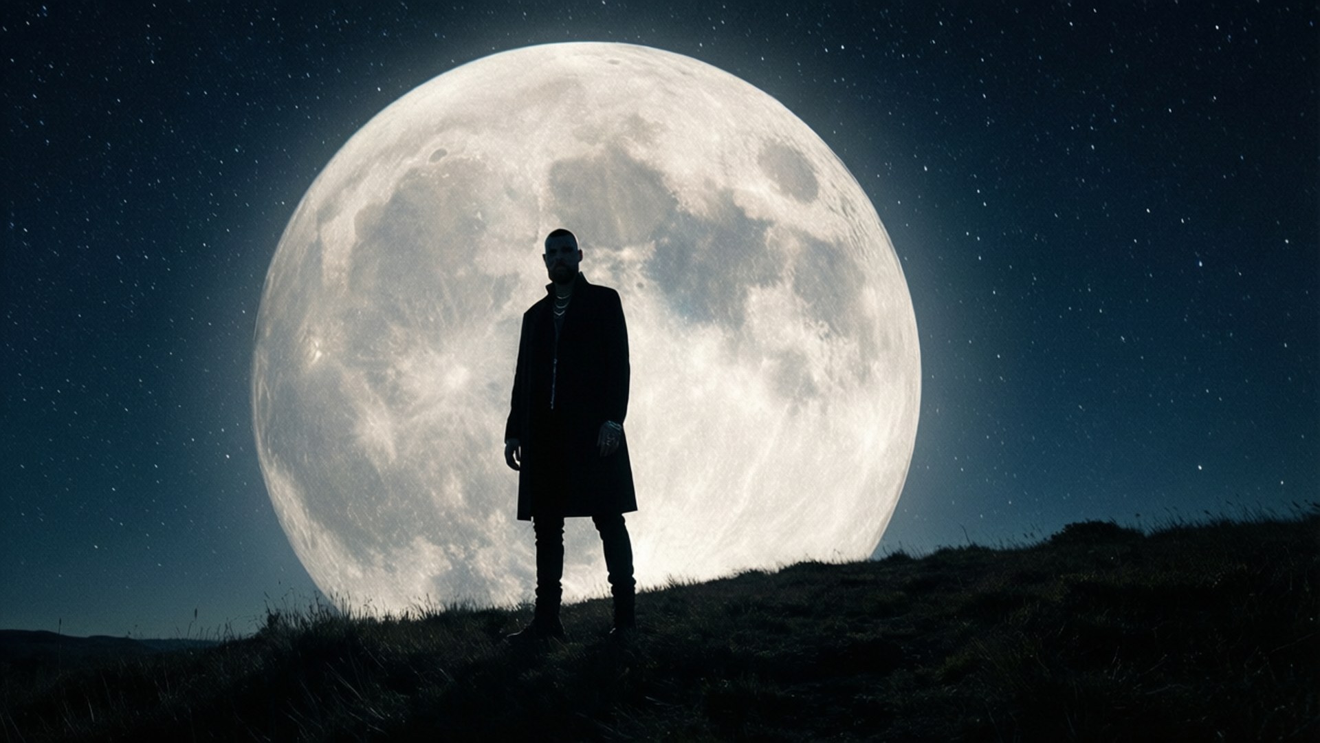 Under the Moon 壁紙 — 一個穿著長外套的孤獨身影，在繁星點點的夜空下，站在長滿草的山丘上，襯托著巨大明亮的滿月剪影。