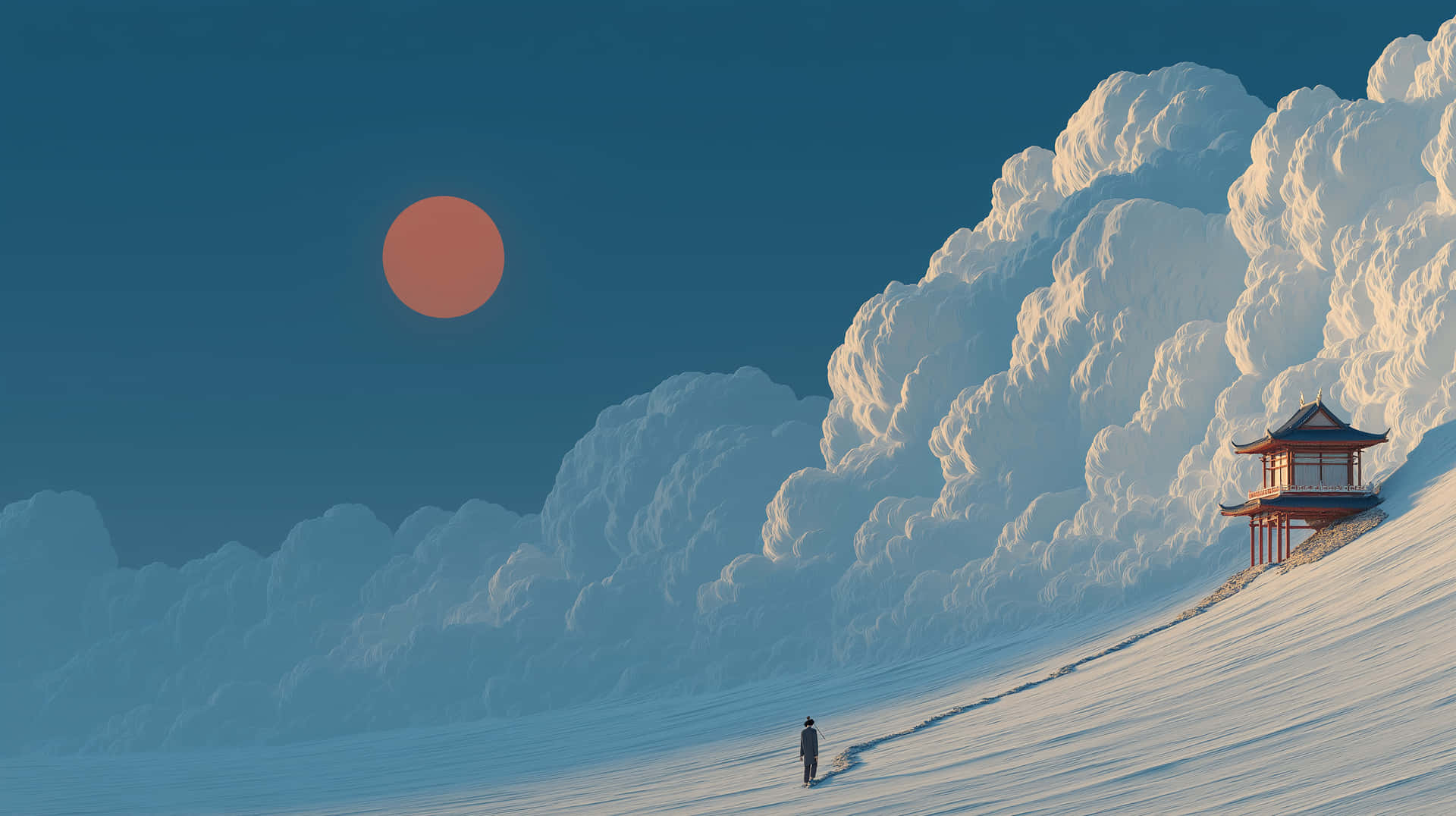 一個人在巨大的橙色太陽和白雲下，走向雪山上的寶塔。 — 廟宇 壁紙