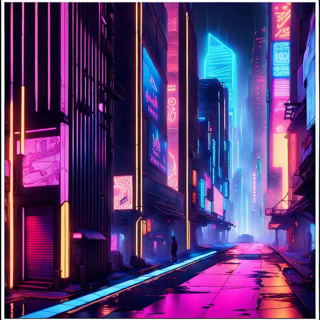  壁紙 — 一個孤獨的身影走在被雨水浸濕的霓虹小巷中，兩旁是閃爍著電光粉紅、藍和橙色的高聳賽博朋克摩天大樓。