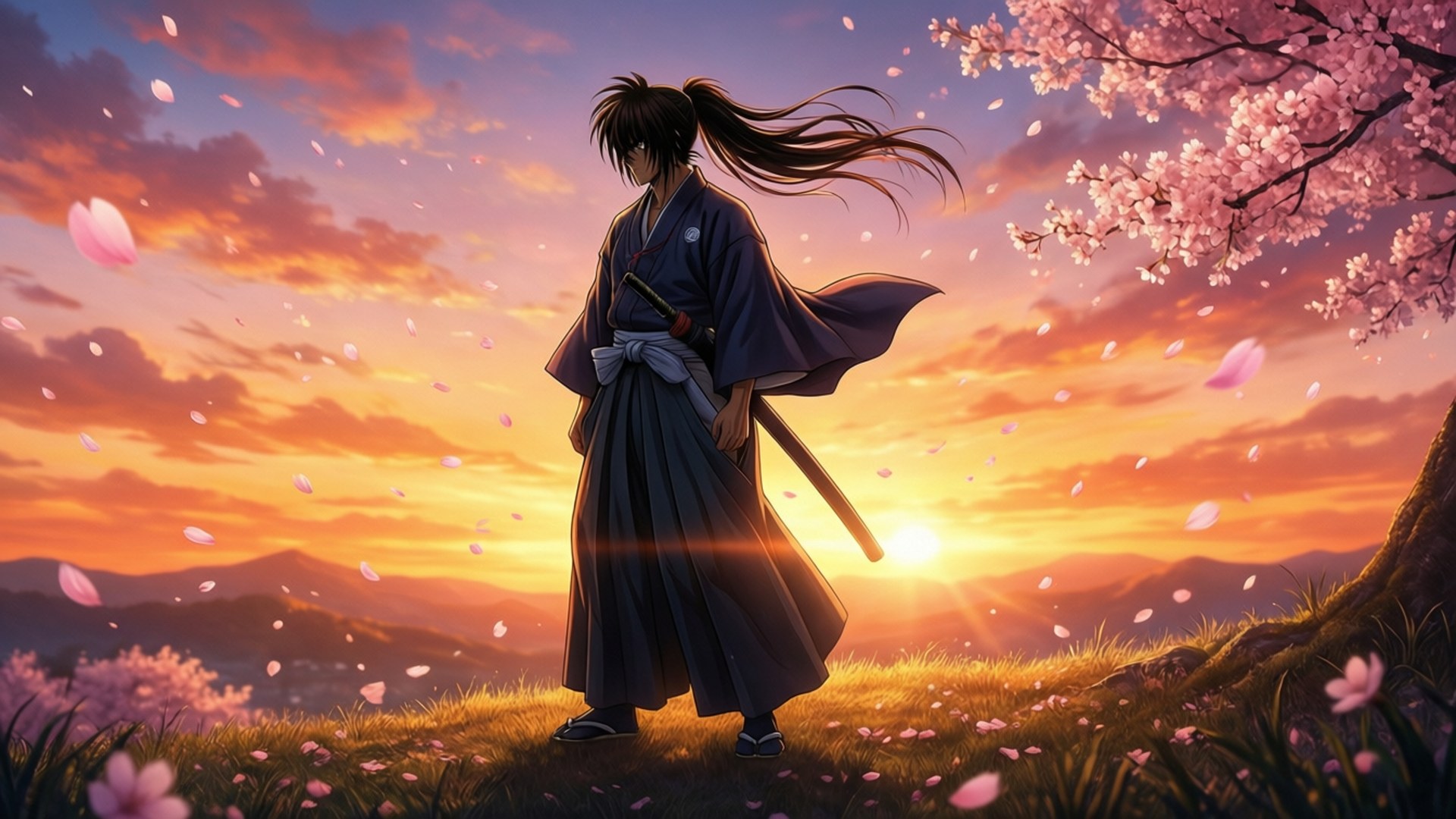 Kenshin at Sunset 壁紙 — 一個孤獨的武士穿著深色長袍，站在日落時分的草地上，櫻花在他周圍旋轉，粉紅色的花瓣在火紅的橙色天空中飄蕩。
