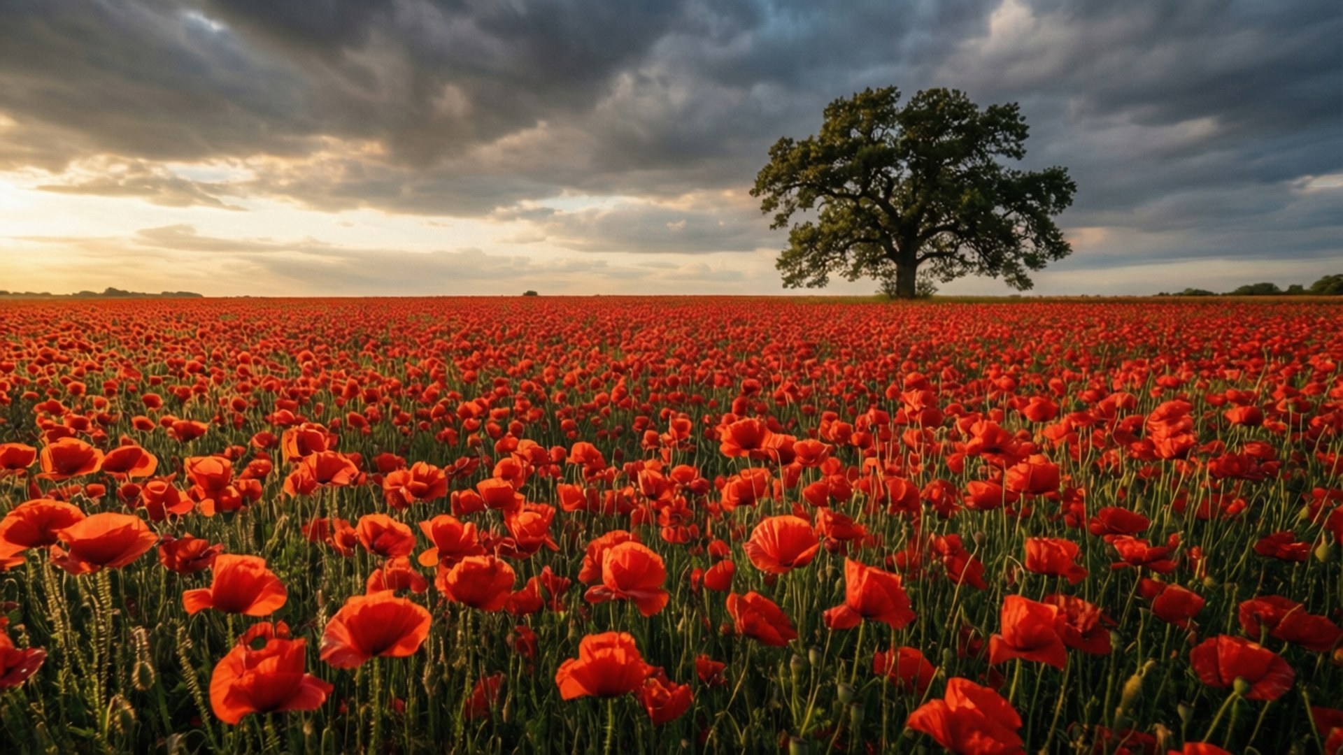 Endless Red Poppies 壁紙 — 一棵孤獨雄偉的橡樹，在戲劇性的暮色天空下，守望著無盡的鮮紅色罌粟花海。
