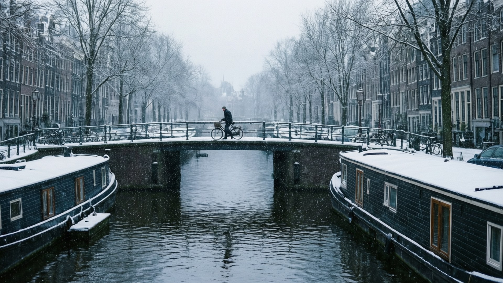 Amsterdam Canal in Snow 壁紙 — 一名孤獨的自行車騎士踏過一條被雪覆蓋的橋，橋下是兩旁有雪覆蓋的船屋和光禿樹木的運河，天空是灰色的冬日天空。