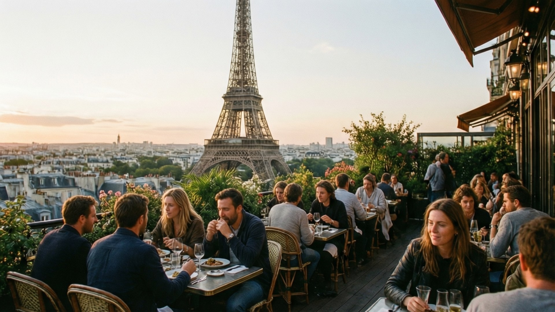 Cafe View of Eiffel 壁紙 — 顧客在巴黎屋頂露臺上露天用餐，艾菲爾鐵塔在柔和的金色日落天空下高高聳立。