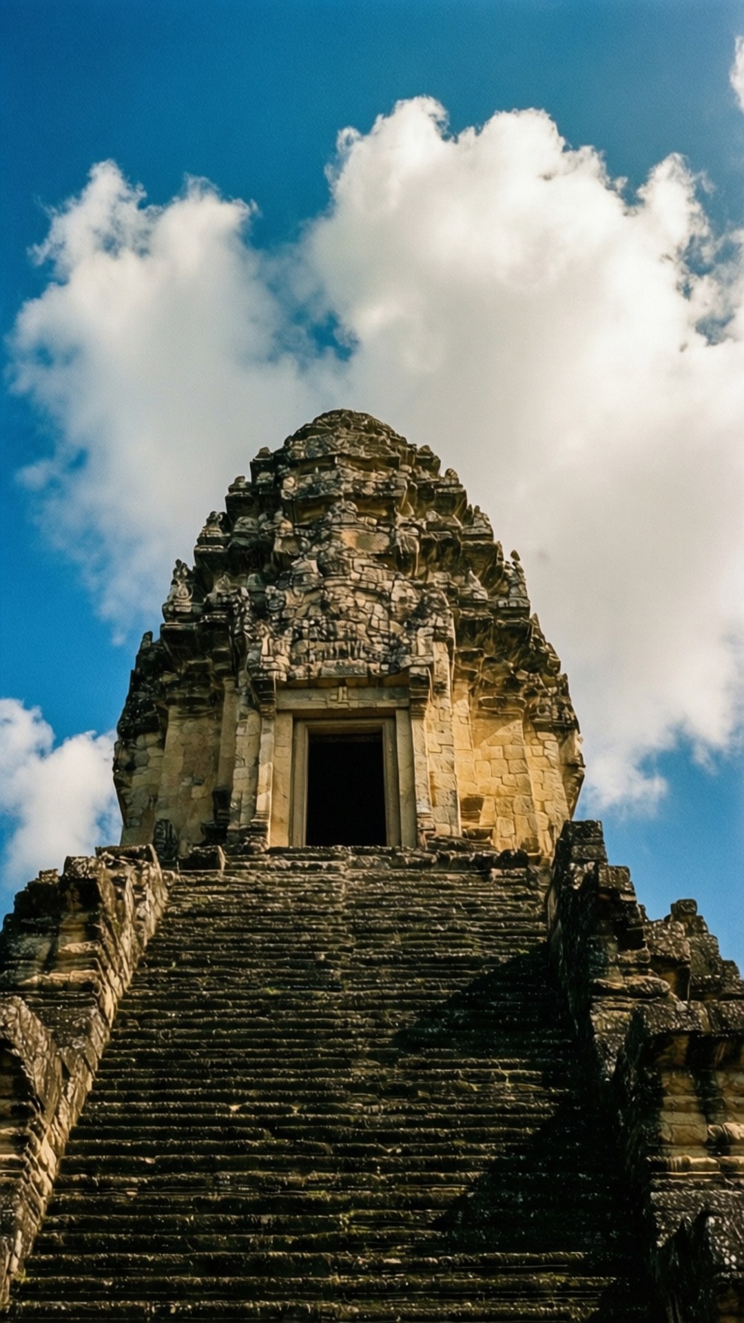 Towering Temple at Copan 壁紙 — 古老石廟塔樓在晴朗藍天和蓬鬆白雲的映襯下聳立。