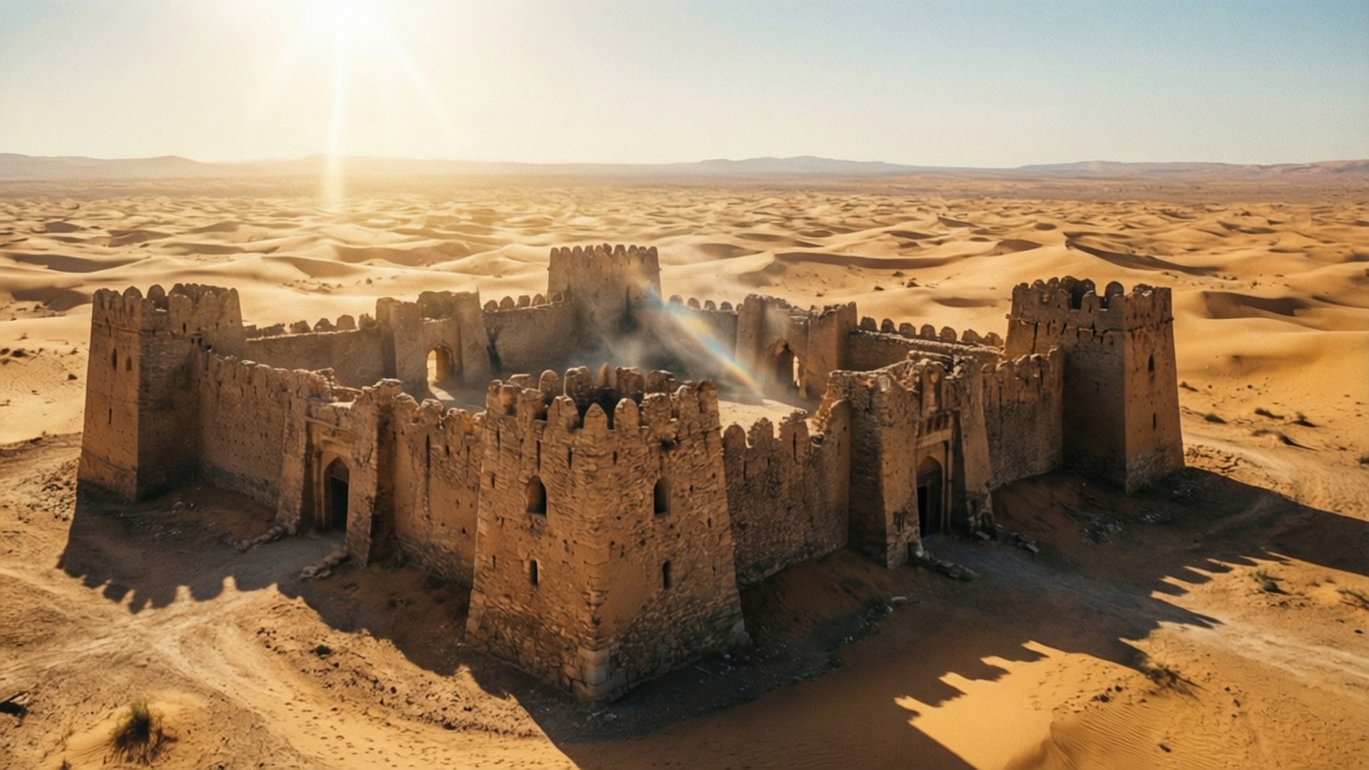 Desert Castle Ruins 壁紙 — 一座陽光普照的古老石頭堡壘，在清澈藍天下，屹立於無盡的金色沙漠沙丘之中。