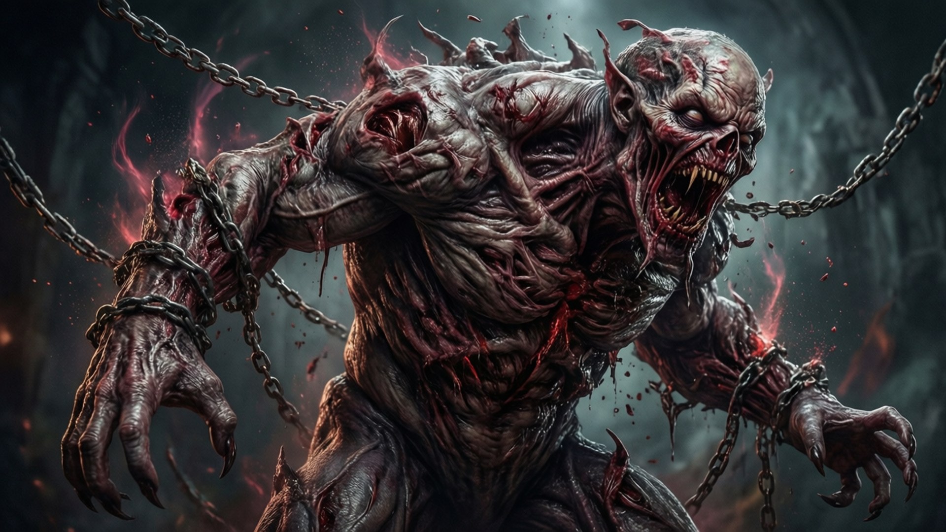 Abomination Unleashed 壁紙 — 一個怪誕的惡魔生物，血肉撕裂，眼睛發出紅光，被鎖鏈鎖在黑暗熾熱的地牢中狂暴。