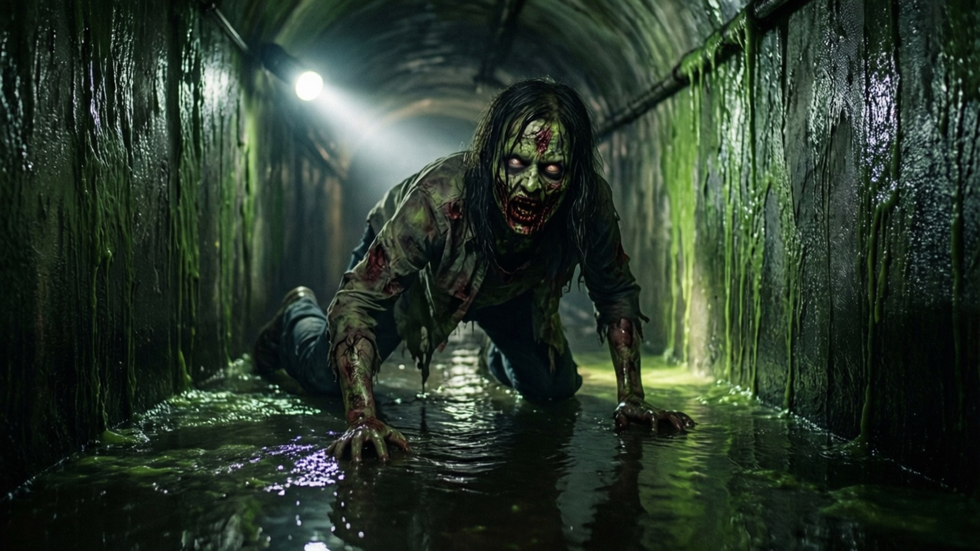 Sewer Crawler 壁紙 — 一個怪誕的殭屍爬過一條黑暗潮濕的隧道，牆上滴著綠色黏液，一道手電筒光束照亮它腐爛的臉。