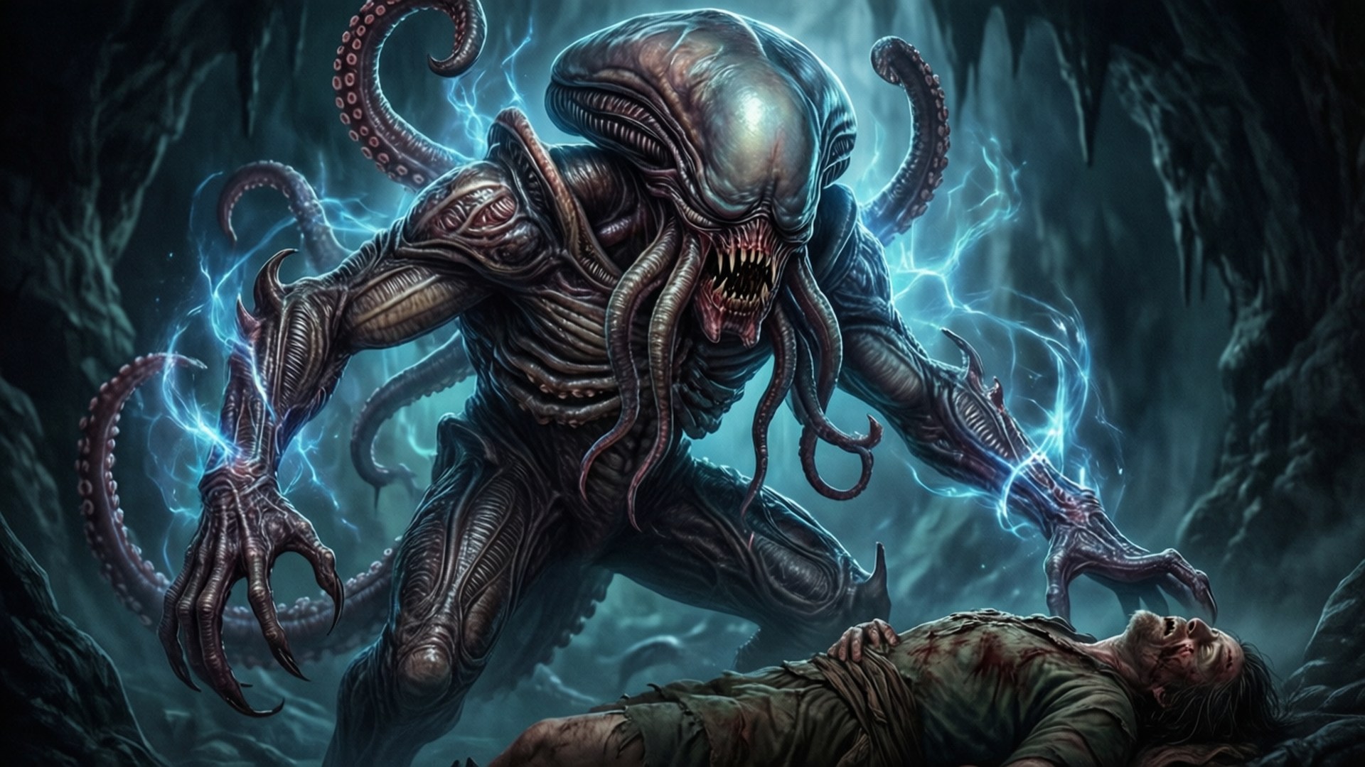 Mind Flayer's Game 壁紙 — 一個怪誕的外星人，有觸手和從手中發出發光的藍色閃電，在黑暗的洞穴中俯視著一個倒下的人類。