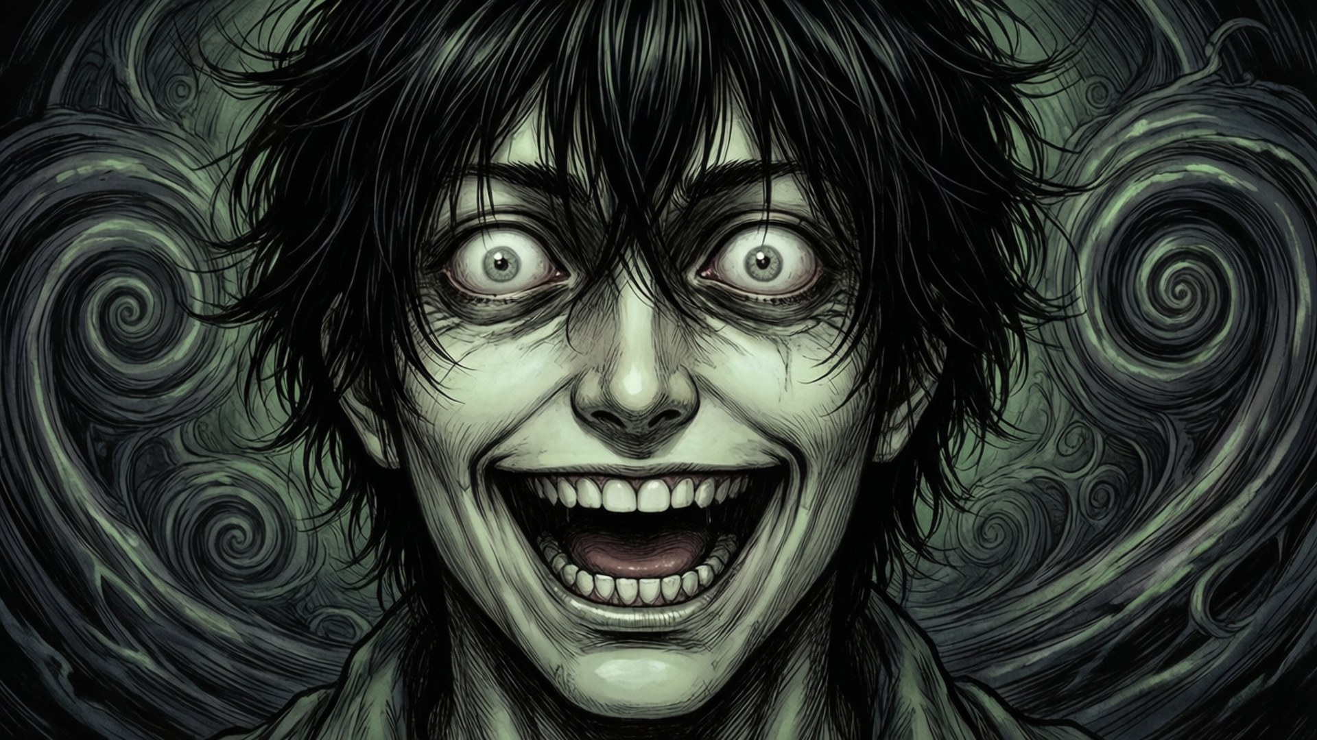 Junji Ito Collection 桌布 壁紙 — 一個怪誕的動漫風格面孔，帶有狂野的眼睛和瘋狂的笑容，被旋轉的深綠色漩渦包圍。