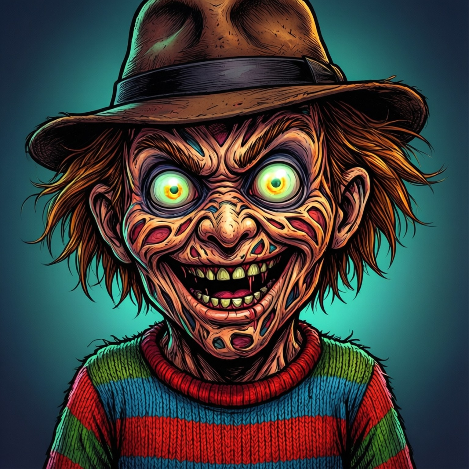 Cartoon Krueger 壁紙 — 一個怪誕卡通恐怖角色，有著發光的綠色眼睛，戴著棕色帽子，穿著紅藍綠條紋毛衣，背景是青綠色。