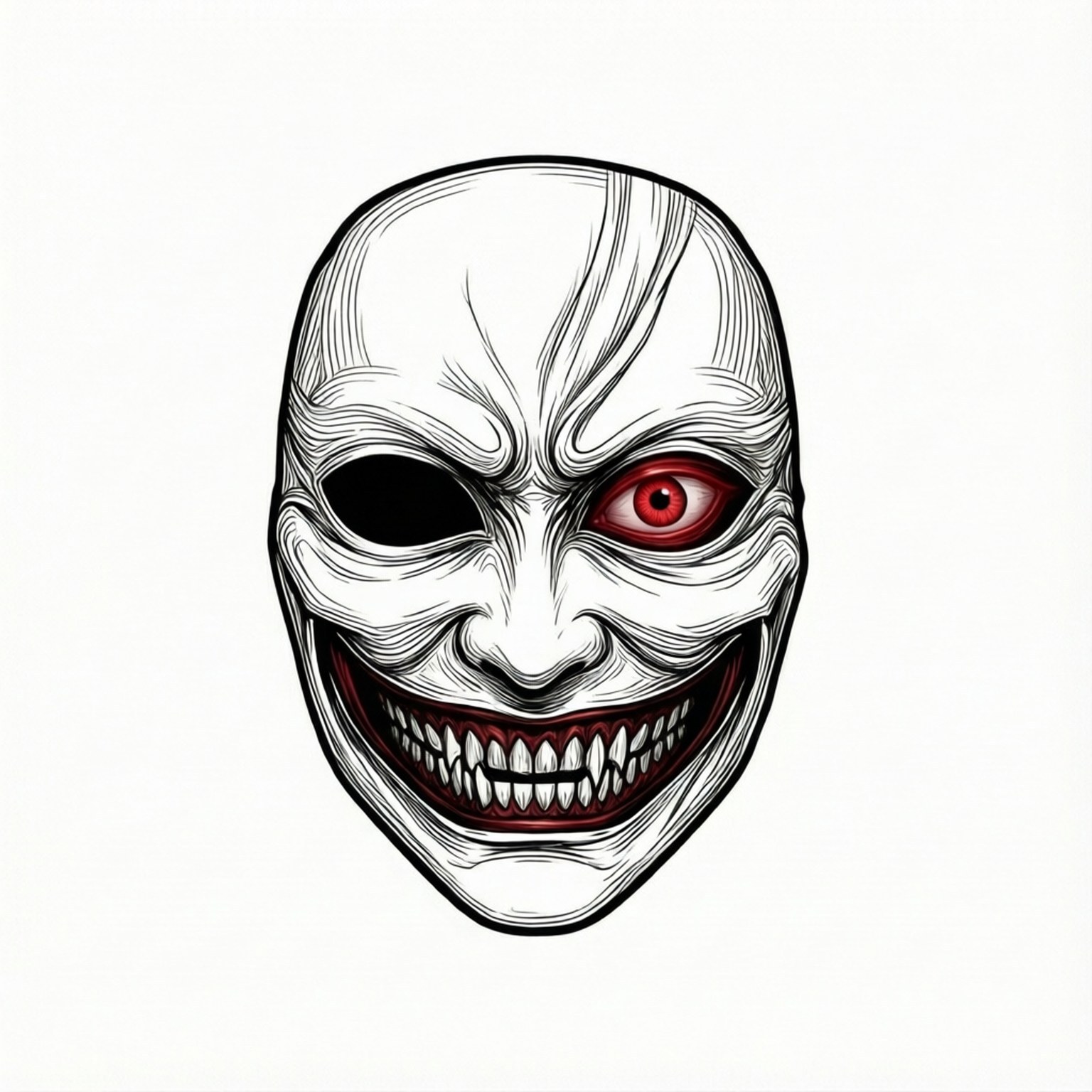 Minimalist Kaneki Mask 壁紙 — 一幅鮮明的黑白線條畫，描繪一個怪誕的面具，有一隻發光的紅色眼睛和一個露出牙齒的寬闊笑容，背景是純白色。