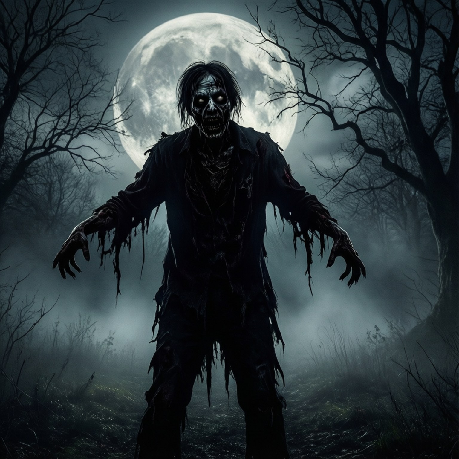 Silhouette Zombie Under Full Moon 壁紙 — 一個穿著破爛衣服、眼睛發光的怪誕喪屍，在滿月下的霧氣森林中威嚇地站著。