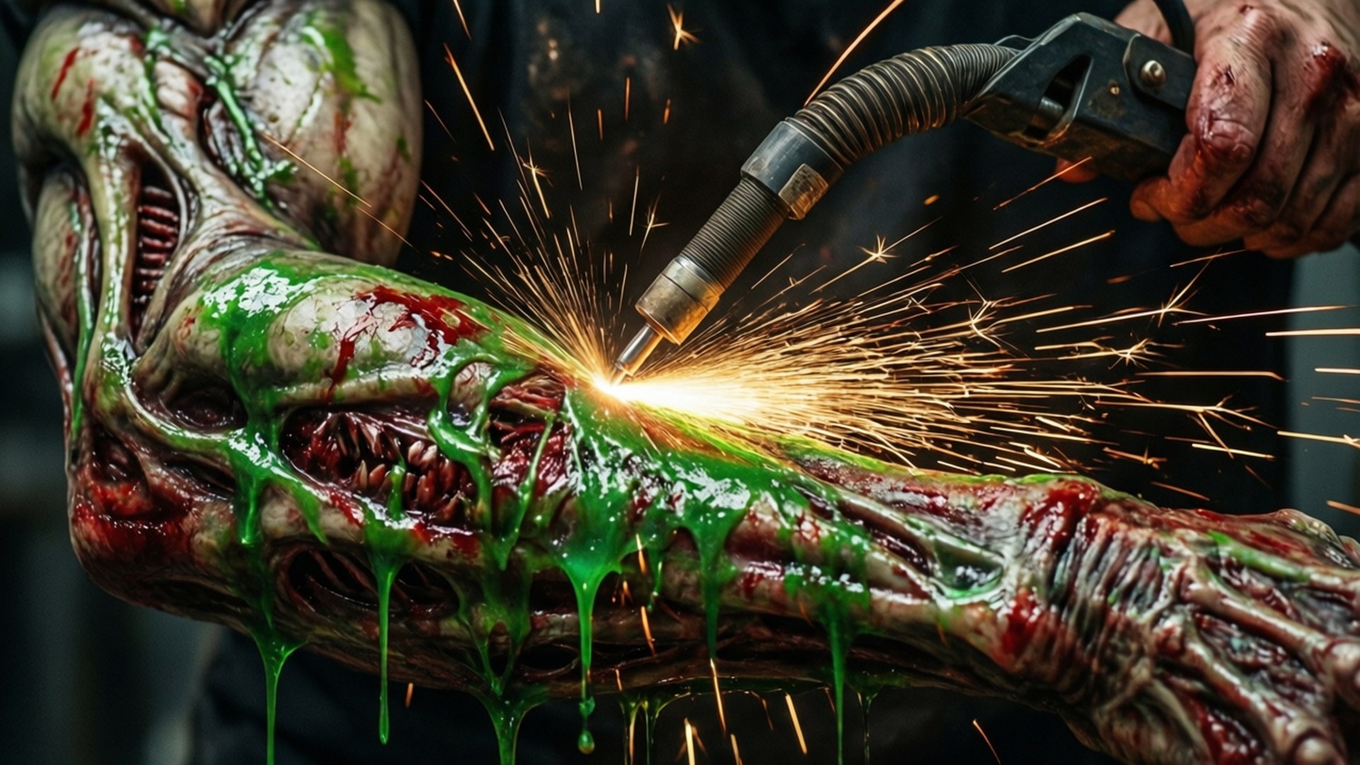 Plasma Cutter Slicing 壁紙 — 一隻覆蓋著綠色黏液和血液的怪誕外星人手臂正在焊接，火花四濺。