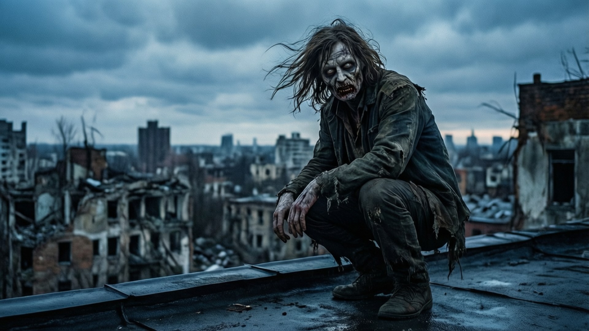 Rooftop Watcher 壁紙 — 一個怪異的殭屍蹲在廢墟屋頂上，俯瞰著暴風雨灰天下荒涼的城市景觀。