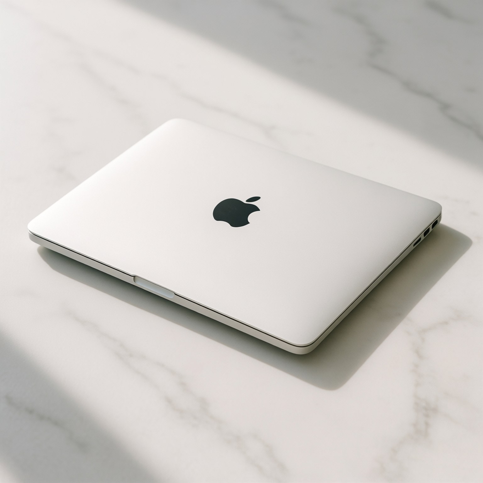 White MacBook Minimal 壁紙 — 一台關閉的銀色 MacBook 放在白色大理石表面上，沐浴在柔和自然光中，投射出輕柔的陰影。