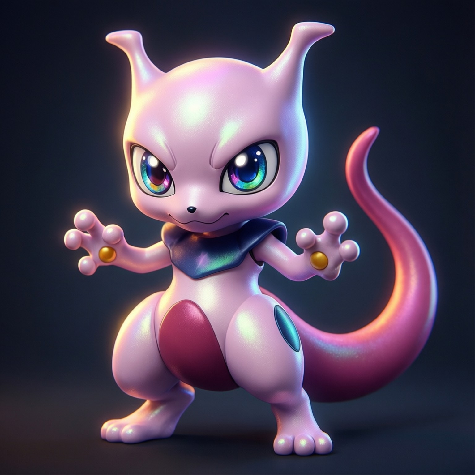 Chibi Shiny Mewtwo 壁紙 — 一隻光滑的粉紅色Mewtwo擺好姿勢，眼睛發光，尾巴彎曲，站在深色漸變背景前。