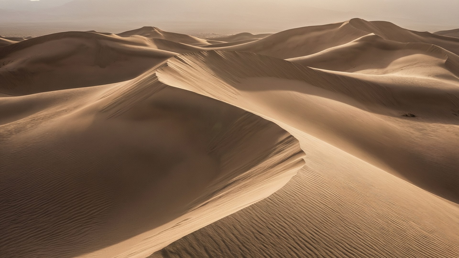 macOS Mojave 桌布 壁紙 — 廣闊的金色沙丘在溫暖的陽光下起伏，在無盡的沙漠中投下長長的影子。
