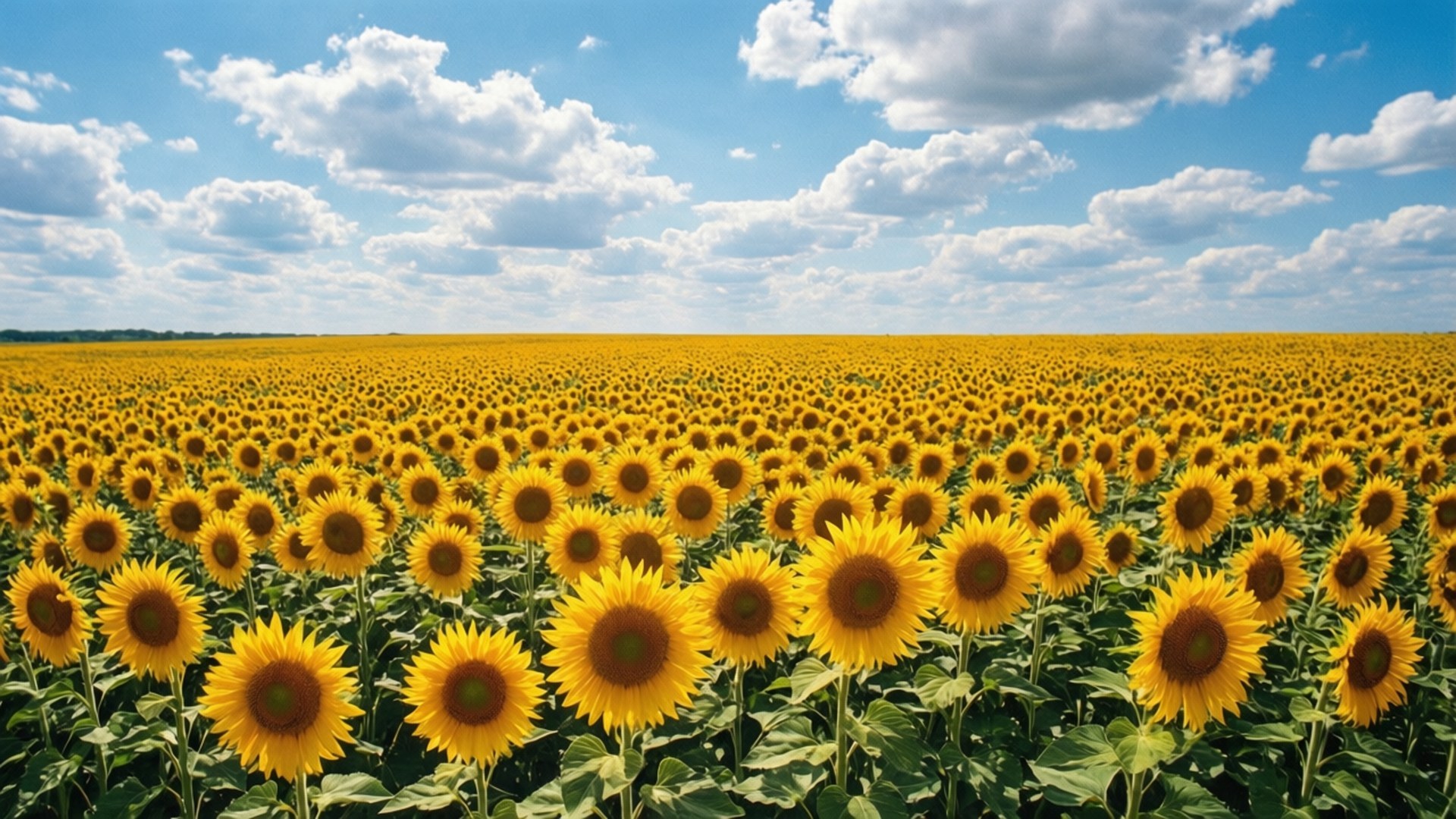 Sunflower Horizon 壁紙 — 廣闊的亮黃色向日葵田在藍天白雲下延伸至地平線。