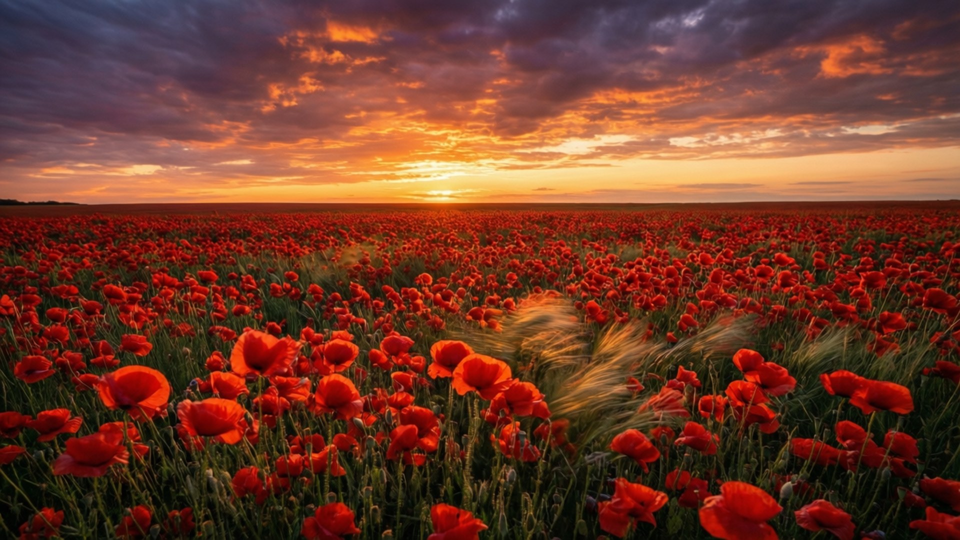 Sunset Poppy Field 壁紙 — 一片廣闊的鮮紅色罌粟花田在戲劇性的日落天空下搖曳，天空被火橙色和深紫色的雲彩塗抹。