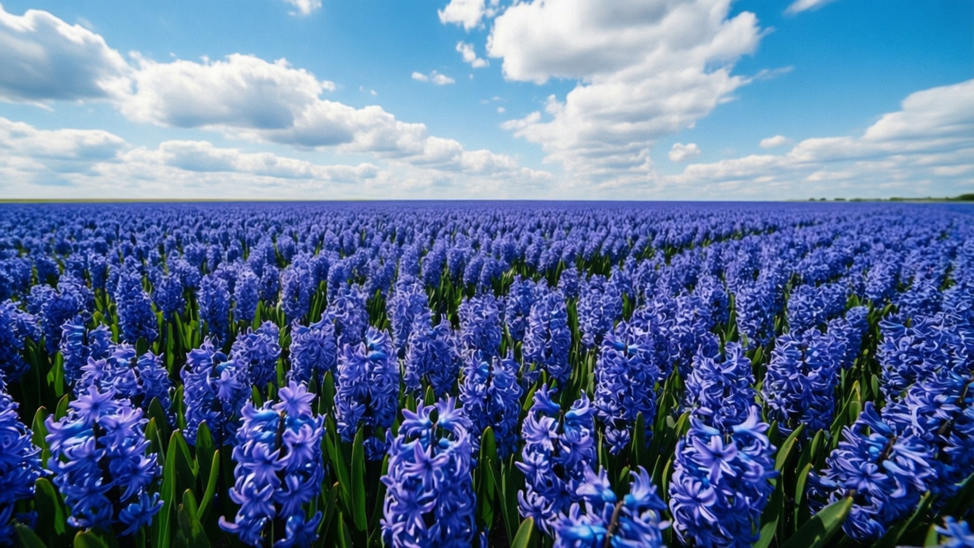Blue Hyacinth Field 壁紙 — 廣闊的鮮藍色風信子田野在明亮的藍天和白雲下延伸至地平線。