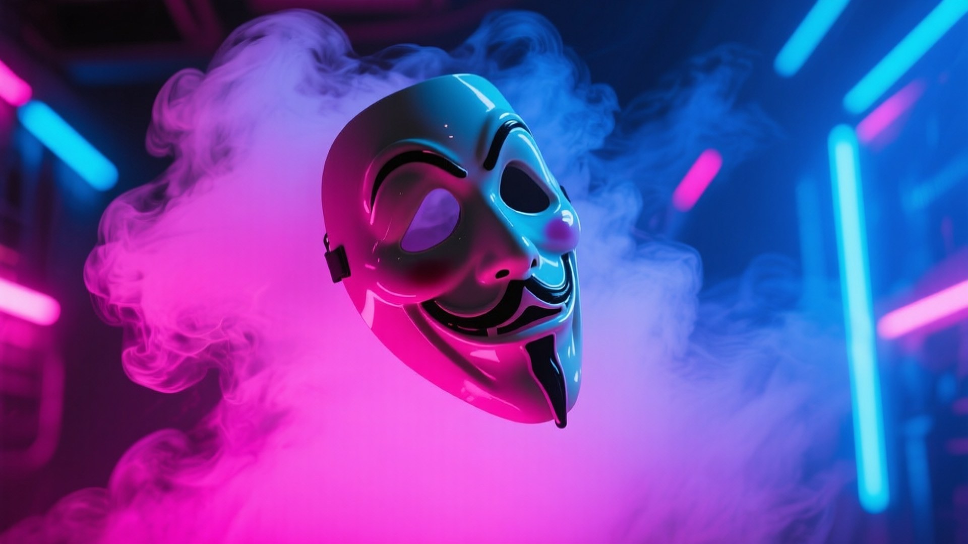 Neon Smoke Purge Mask 壁紙 — 一個光亮的蓋伊·福克斯面具在霓虹燈下漂浮於旋轉的粉紅色和藍色煙霧中。