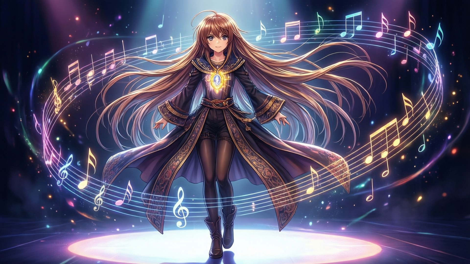 Ar Tonelico 桌布 壁紙 — 一位光芒四射的動漫少女，飄逸的秀髮，站在發光的圓圈中，色彩繽紛的音樂音符在神奇的宇宙環境中圍繞她旋轉。