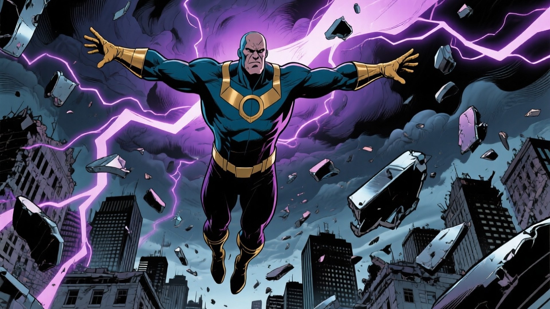 Magneto Floating Over Ruins 壁紙 — 一個光頭超級英雄穿著藍色和金色套裝，在崩塌的城市上空飛行，紫色閃電在他周圍劈啪作響。