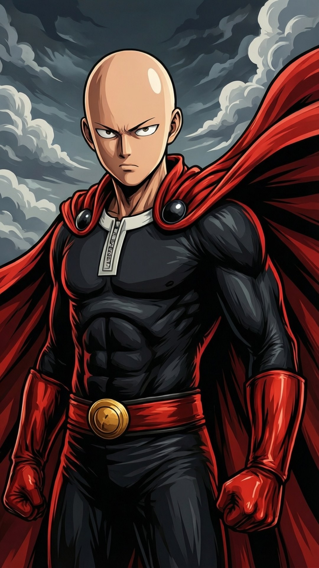 Red Cape Hero 壁紙 — 一個光頭動漫超級英雄穿著黑色西裝和紅色斗篷，握緊拳頭，挑釁地站在暴風雨的灰色天空下。