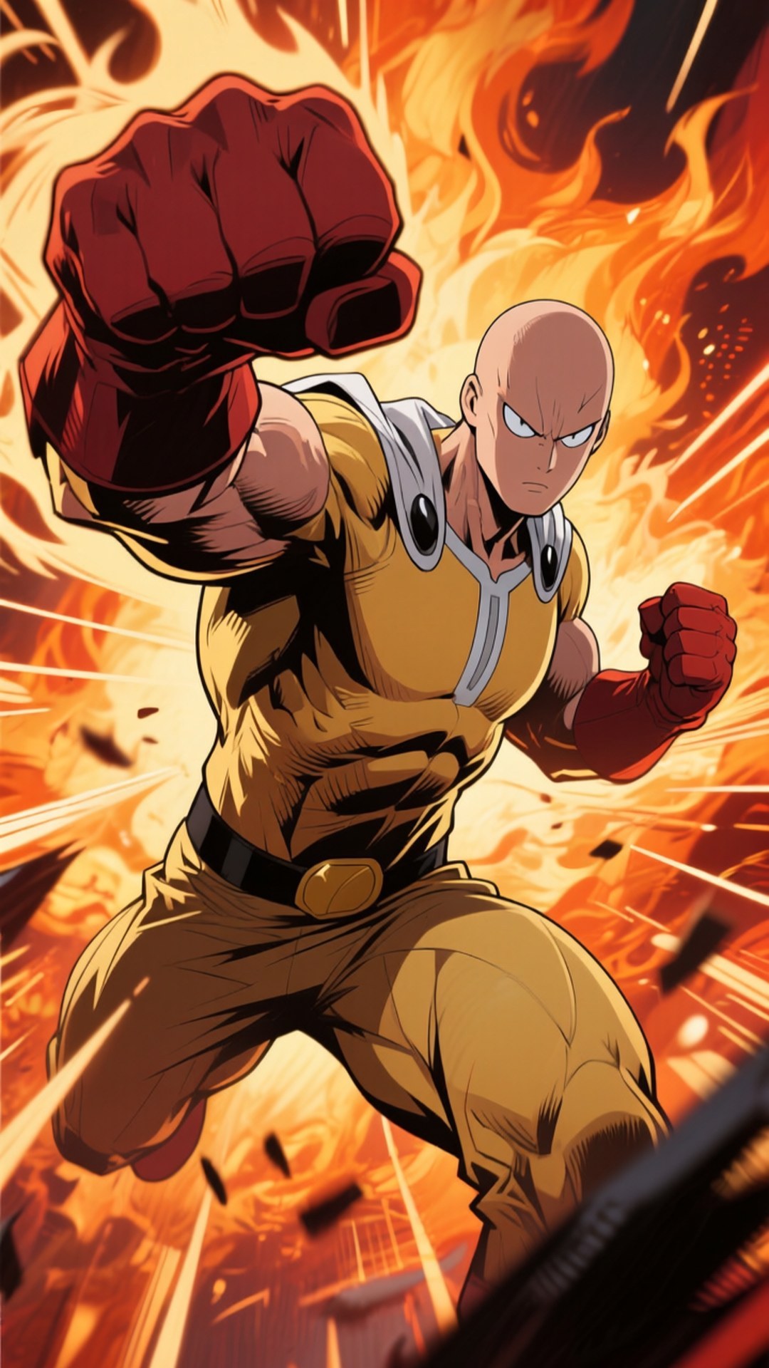Muscle Form Punch 壁紙 — 一個光頭動漫英雄穿著黃色和紅色的裝備，向前出拳，身後有熾熱的能量爆炸。